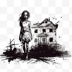 废弃房屋附近的僵尸女孩
