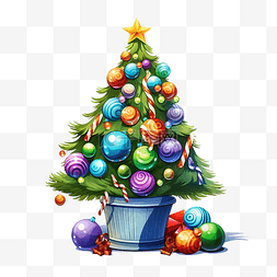 红花环图片_卡通风格的冷杉与玩具圣诞树在盆