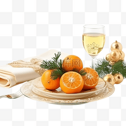 美丽的圣诞餐桌布置，有橘子和杉