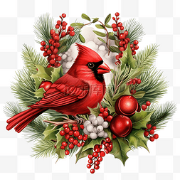 冬季植物树枝图片_圣诞安排与红衣主教鸟冷杉树枝一