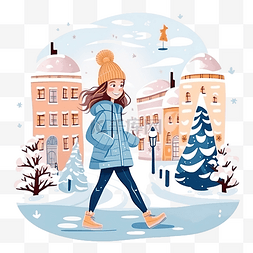 小女孩散步图片_穿着暖和衣服的快乐的小女孩在城