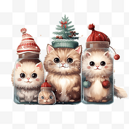 飲料可愛卡通圖图片_可爱的猫角色和瓶子里的圣诞节
