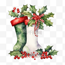圣诞冬青边框与丝袜和礼物水彩插