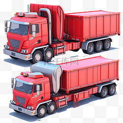 红色拖拉机和拖车或半卡车与容器