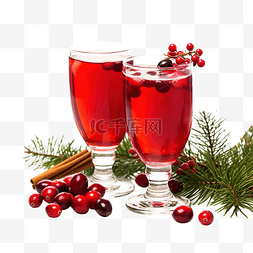 圣诞树枝附近的蔓越莓饮料杯和肉