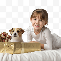 床上用品海报背景图片_小女孩和杰克罗素小狗在装饰圣诞