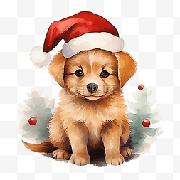 圣诞小狗狗图片_可爱的小狗圣诞节与水彩插图