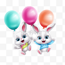 卡通兔子篮子图片_兔子角色在三个气球上飞翔和大笑