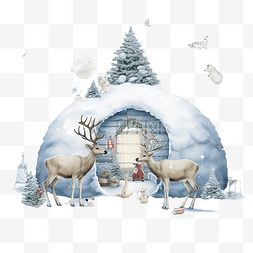 卡通雪屋PNG图片_圣诞主题与冰屋和驯鹿圣诞贺卡