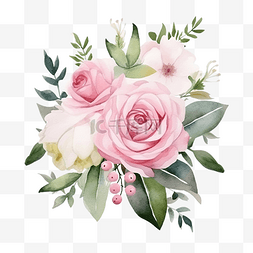 水彩花卉一束花图片_水彩插花插圖花卉花束與玫瑰和綠