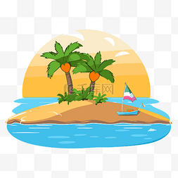 卡通的岛屿图片_免费海滩场景剪贴画有棕榈树和船