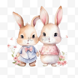 幸福情人节图片_可爱的水彩兔子情侣插画ai生成