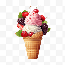 水果与奶油图片_冰淇淋与水果和配料在晶圆锥上隔