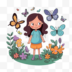 自然中蝴蝶图片_绘画剪贴画卡通女孩与花园里的蝴