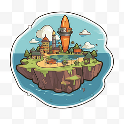 上面有火箭和树的卡通岛 向量