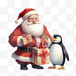 插画圣诞快乐图片_圣诞快乐插画，圣诞老人和企鹅在
