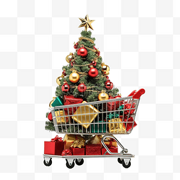 超市购物车里有装饰品的圣诞树