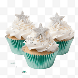 银色的星星图片_圣诞节美味的纸杯蛋糕装饰着银色