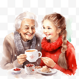 孙女图片_快乐的祖母和孙女在圣诞厨房喝茶