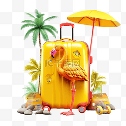 夏季旅行与黄色手提箱冲浪板凉鞋