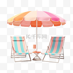 3d 沙滩伞与柔和色彩背景的沙滩椅