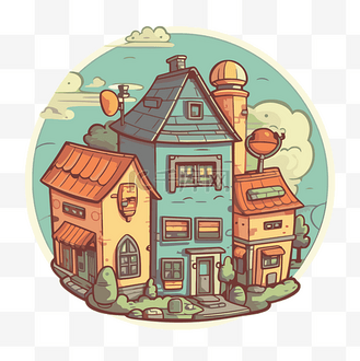 卡通风格,有有趣的小镇和建筑 向量