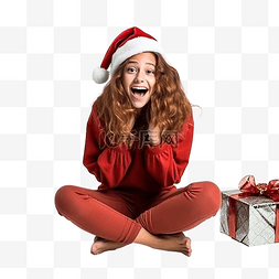 圣诞假期的女孩坐在地板上，表情
