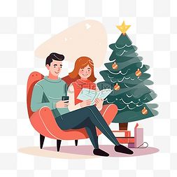 坐在书上的人图片_年轻夫妇拿着书坐在圣诞树附近的