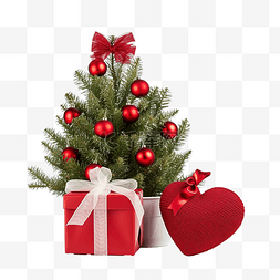 圣诞树树枝上绑着两颗红心，上面
