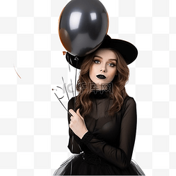 年轻的女巫拿着黑色和橙色的气球