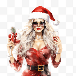 香槟金图片_圣诞圣诞老人女孩带着礼物和香槟