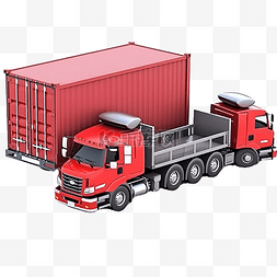 红色拖拉机和拖车或半卡车与容器