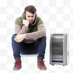 不开心的家伙在加热器附近取暖