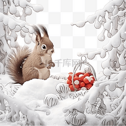 做旧新年卡图片_冬季森林里雪冷杉树枝上的小松鼠