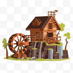 乡村小屋图片_锯木厂剪贴画卡通图像水轮和孤立