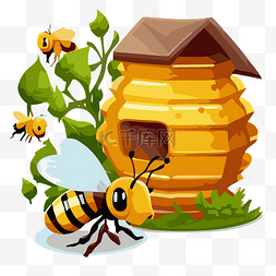 养蜂剪贴画蜜蜂靠近蜂蜜屋，周围