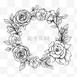 玫瑰花黑色背景图片_涂鸦线条艺术玫瑰花花束花圈框架