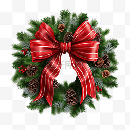 圣诞节边框圆形图片_圣诞花环，带有红色蝴蝶结和丝带