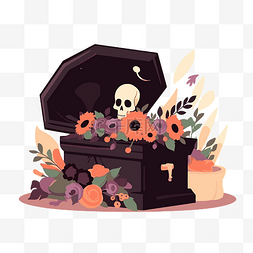 葬礼剪贴画头骨在木盒子里与鲜花