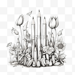 手繪書图片_小植物卡通铅笔画风格花园里的动