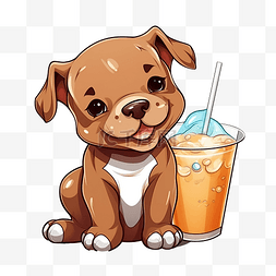 动物狗狗的可爱图片_卡通风格斗牛犬喝珍珠奶茶