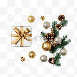 金球圣诞树图片_平躺的圣诞装饰品，如松树包裹的