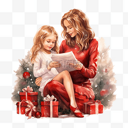 卡通女儿和母亲图片_妈妈和女儿带着礼物坐在圣诞树旁