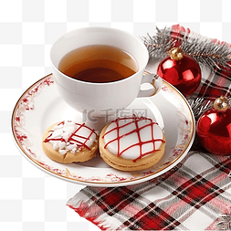 茶形状图片_盘子上的圣诞礼物和格子上的一杯