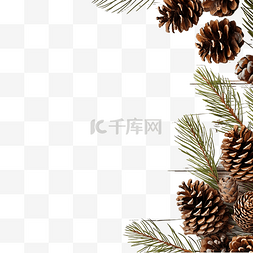 复古松果图片_白色木质复古表面上的树枝圣诞树