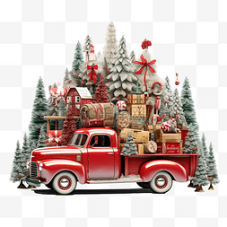 圣诞卡车与圣诞老人和朋友在松树
