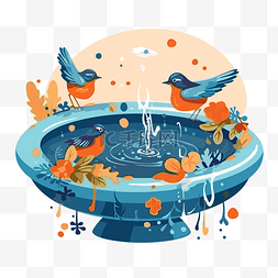 水盆剪贴画 喷泉插画卡通中的鸟 