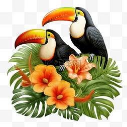 热带森林树叶图片_热带叶花上的两只托科巨嘴鸟