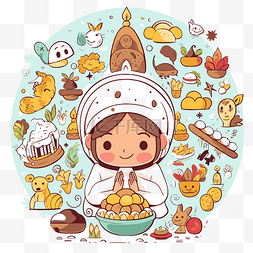 祝福剪贴画泰国女孩与小食物插图