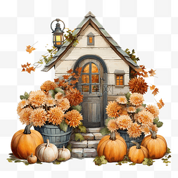 感恩节卡片背景图片_装饰过的房子入口，篮子里有南瓜